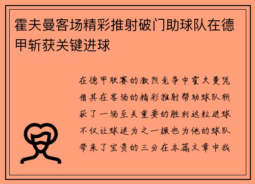 霍夫曼客场精彩推射破门助球队在德甲斩获关键进球