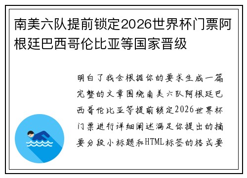 南美六队提前锁定2026世界杯门票阿根廷巴西哥伦比亚等国家晋级
