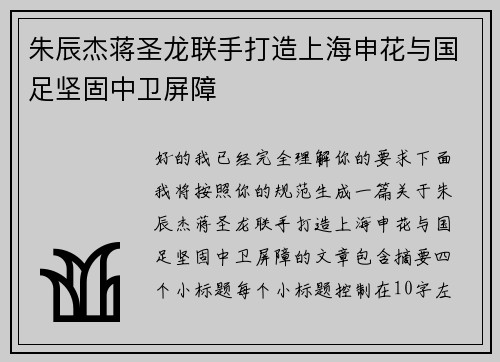 朱辰杰蒋圣龙联手打造上海申花与国足坚固中卫屏障